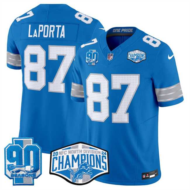 Mens Detroit Lions #87 Sam LaPorta Blue 2024 NFC North Champions 90th Anniversary Patch F.U.S.E. Vapor Limited Stitched Jersey